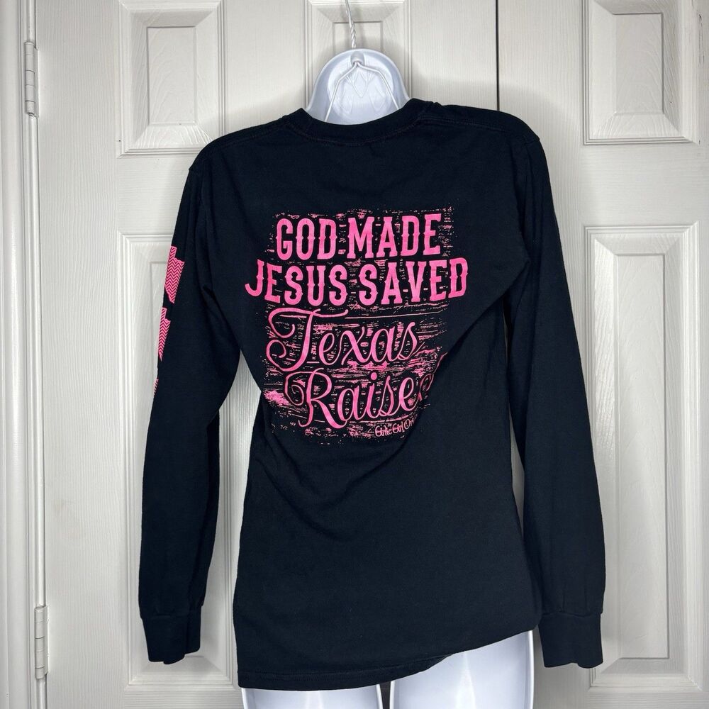 Gildan Small God Made Jesus Saved Texas Raised Long Sleeve Shirt Black Graphic
